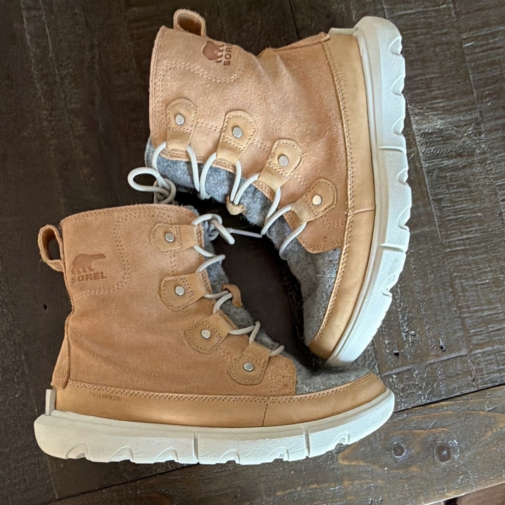 SOREL Explorer Womens Waterproof Leather/Felt Lace-Up Ankle Bootie Tan Gray 7.5